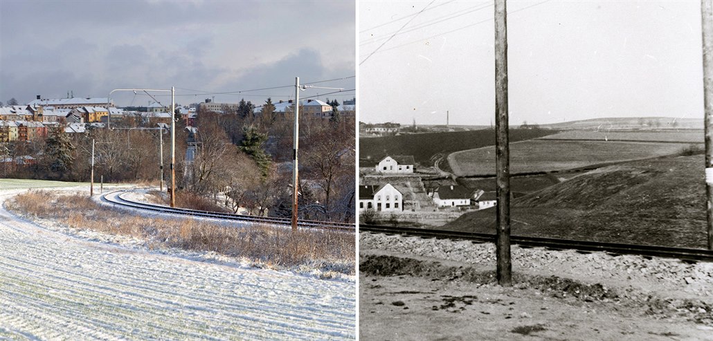 �elezni�ní tra� u Tábora v roce 1903 a na aktuálním snímku