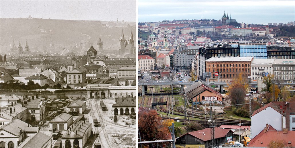 Snímek Prahy vyfotografovaný z Vítkova kolem roku 1875
