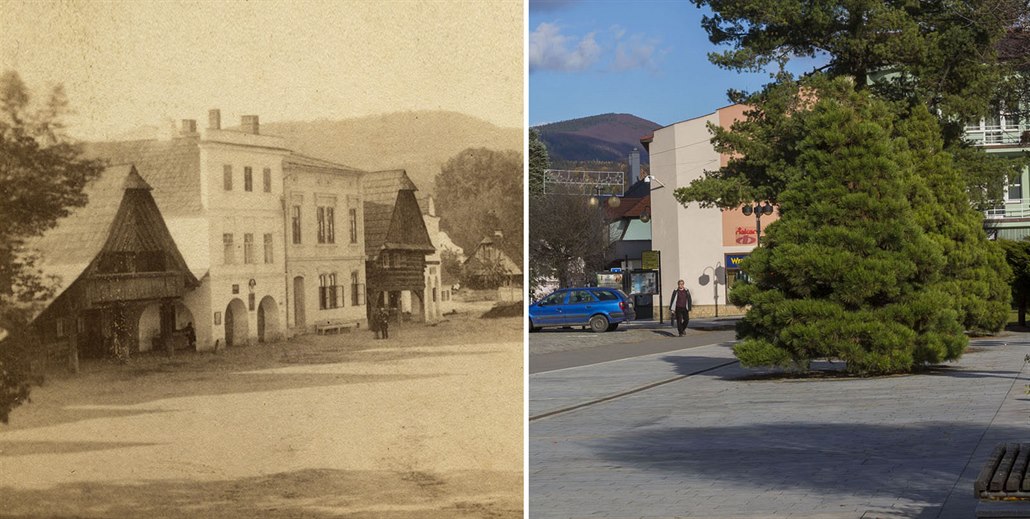 Nám�stí v Ro�nov� pod Radho�t�m kolem roku 1869 a dnes.