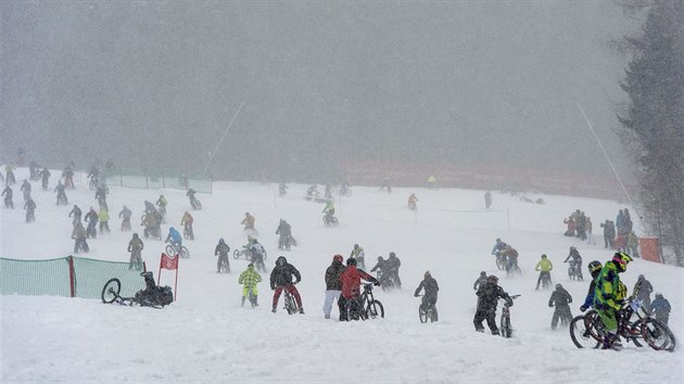 Bhem zvodu Chinese Downhill 2016 sjelo ervenou sjezdovku ve Svatm Petru dv st biker (20. nora 2016).