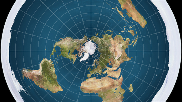 Azimutální projekce celé Zeměkoule. Antarktida je zde zobrazená jako kontinent obklopující celou mapu. Zastánci teorie „ploché Země“ tvrdí, že ledová stěna Antarktidy skutečně obklopuje celý svět a vlády proto na Antarktidu nepouštějí nikoho bez doprovodu.