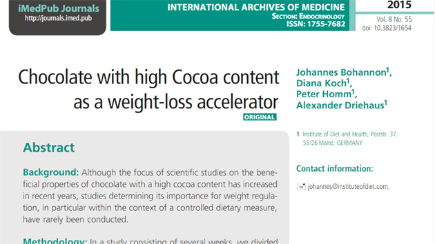„Čokoláda s vysokým obsahem kakaa jako akcelerátor hubnutí“. Studie Johna „Johannese“ Bohannona a jeho týmu ukazuje, jak snadno lze do médií dostat zkreslující a zavádějící „vědecké poznatky o stravování“.