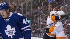 Jakub Voráek z Philadelphie (uprosted) oslavuje gól proti Torontu.