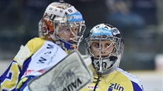 Branká� Zlína Petr Zavadil (vpravo) odstupuje po pátém inkasovaném gólu, st�ídá...