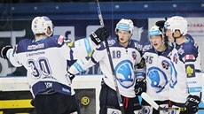 Plzeňští hokejisté se radují z gólu Dominika Kubalíka.