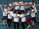 KOLO RADOSTI. eský daviscupový tým po vítzství v prvním kole Davis Cupu v...