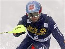 Italský lya Stefano Gross na trati slalomu v Kranjské Goe.