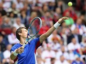 SERVIS. Tom Berdych v prvnm kole Davis Cupu proti Nmecku.