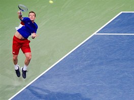 V LETU. Tom Berdych podv v zpase s Alexanderem Zverevem v Davis Cupu.