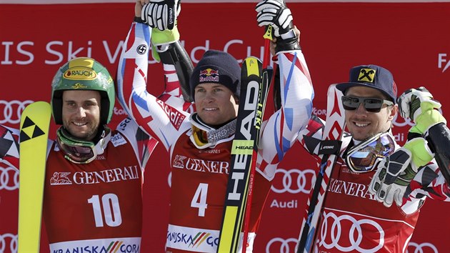 Ti nejlep z obho slalomu v Krajsnke Goe. Zleva druh Philipp Schrghofer, vtz  Alexis Pinturault a tet Marcel Hirscher.