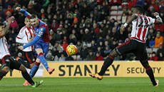 Úto�ník Crystal Palace Connor Wickham vyrovnává tvrdou st�elou stav zápasu se...