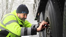 Dopravní policisté pi kontrole pneumatik a brzd kamion u Nové Hospody na...