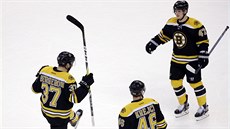 Patrice Bergeron (vlevo) z Bostonu slaví gól se spoluhrái Davidem Krejím...