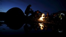 Uprchlíci, kteí ekají na ecko-makedonských hranicích, se zahívají u ohn...