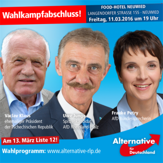 Exprezident Václav Klaus již v minulosti vystoupil na předvolební akci německé...