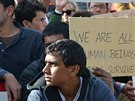 Demonstrace migrant proti uzavírání hranic v Evrop v táboe Afghanian Hills...