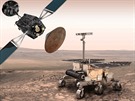 Dv etapy programu ExoMars 2016/2018. Vlevo nahoe druicová sonda TGO a...