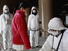 Radianí kontrola mladé dívky evakuované z oblasti kolem Fukuimy. Snímek byl...