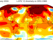 Odchylky od průměrných teplot zemského povrchu v únoru 2016. Podle NASA se...
