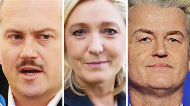 Pedseda krajn pravicov Lidov strany Nae Slovensko Marian Kotleba (zleva), fka francouzsk Nrodn fronty Marine Le Penov a ldr nizozemsk Strany pro Svobodu Geert Wilders
