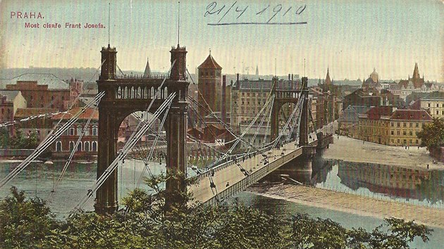 Pohlednice s mostem csae Frantika Josefa. Na jeho mst nyn stoj tefnikv most.