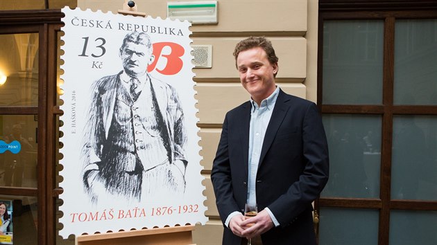 Slavnostní odhalení poštovní známky Tomáše Bati. Na snímku jeho pravnuk Thomas Archer Bata.