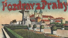 Pohlednice s Palackého  pomníkem  a klá�terem v Emauzích.