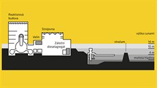 Schéma ukazuje, jaké výky dosáhla tsunami v beznu 2011 a co v elektrárn bylo...