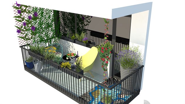 Ze strany balkónu je umístěna síť, po které se mohou pnout rostliny.