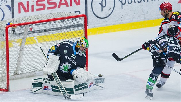 David Rittich (vlevo) v ptm utkn tvrtfinle play-off mezi Hradcem Krlov a Mladou Boleslav.