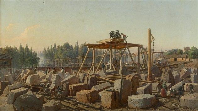 Stavba Negrelliho viaduktu na ostrov tvanici, Olejomalba Carla Roberta Crolla z let 18461847.