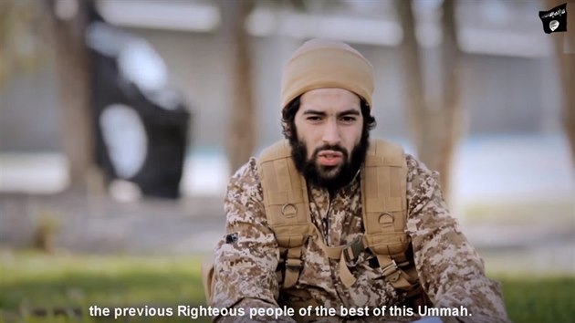 Na nahrávce promluvil belgický džihádista, kterému Islámský stát říká Dhúl-Karnaín al-Balžíkí (24. března 2016)