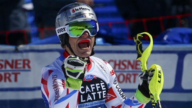 Francouzsk lya Julien Lizeroux  se raduje po dojezdu poslednho slalomu sezony.