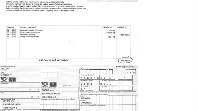 Prvn vpis upozorujc na peplatek ve vi 148,76 korun. Na sloence je vak jako odeslatel uvedena pan Lamichov.