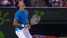 Novak Djokovi vyhlíí na turnaji v Miami míek, který hodlá chytit do kapsy....