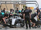 Nico Rosberg v péi mechanik pi prvním tréninku na Velkou cenu Bahrajnu.