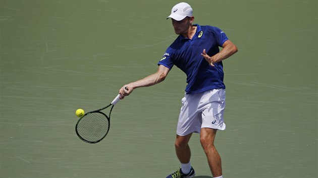 David Goffin v utkn s Novakem Djokoviem v semifinle v Miami.