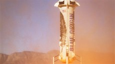 Přistávání návratového modulu rakety New Shepard společnosti Blue Origin na...