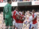 Fotbalisté Arsenalu se radují z vedoucí branky, kterou do sít Crystal Palace...