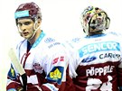 Sparantí hokejisté Vladimír Eminger a Tomá Pöpperle bhem prvního finále.