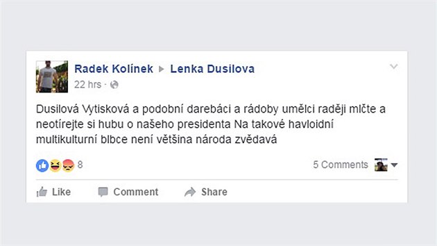 Facebookov vzkaz zpvace Lence Dusilov za jej kritiku Miloe Zemana na pedvn cen Andl.