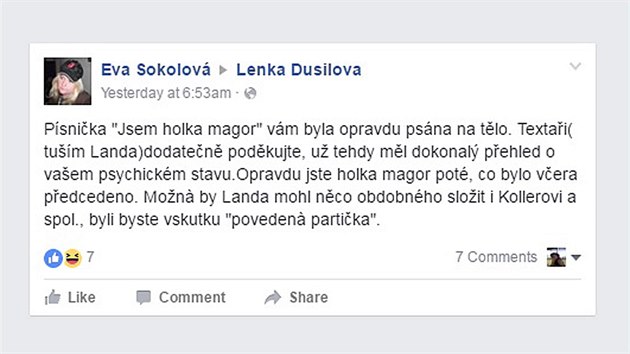 Facebookov vzkaz zpvace Lence Dusilov za jej kritiku Miloe Zemana na pedvn cen Andl.