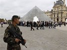 Francouzský voják hlídkuje v pařížském Louvru.