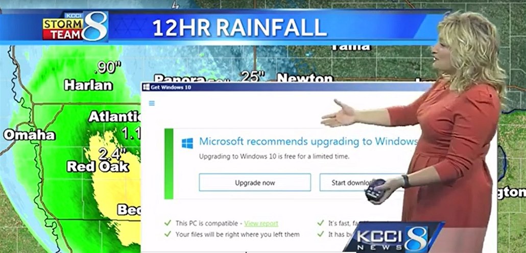 Pr�nik nabídky upgradu na Windows 10 do �ivého vysílání.