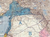 Mapa Blízkého východu podle Sykes-Picotovy smlouvy. Modré území mělo připadnout...