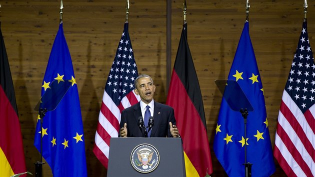 Barack Obama bhem pondlnho vystoupen v Hannoveru (25. dubna 2016)