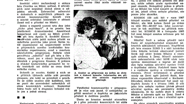 Strana 1 - článek Pavla Toufara o „utajování v kosmickém průmyslu“ z časopisu Reporter z roku 1969.