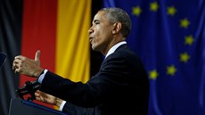 Barack Obama bhem pondlního vystoupení v Hannoveru (25. dubna 2016)