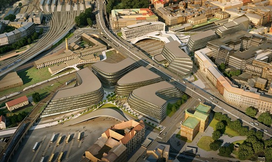 Pohled shora ukazuje celý zamýšlený soubor budov navržený studiem Zaha Hadid...