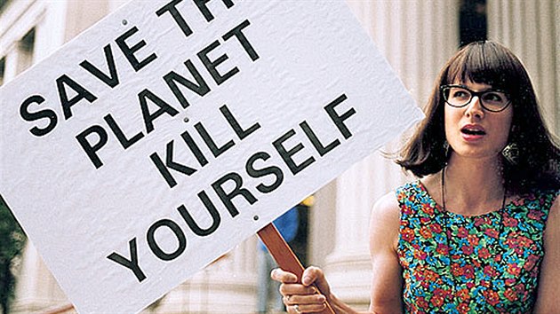 Zakladatel Crkve eutanazie Chris (Christine) Korda se znmm sloganem Zachra planetu, zabij se.